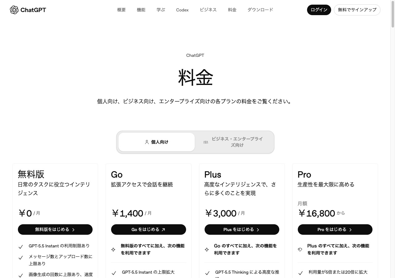 ChatGPTの料金プラン一覧（2026年6月時点）