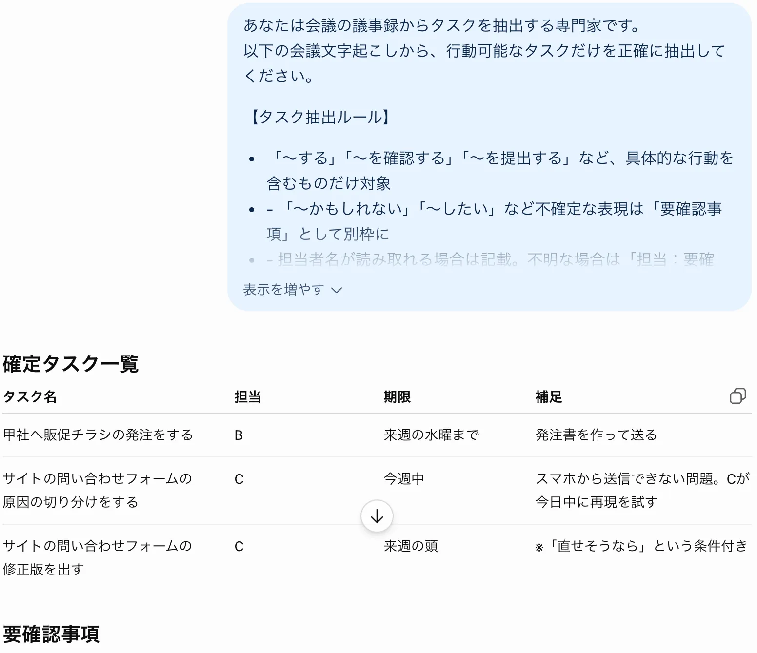 ChatGPTの画面。上に議事録タスク抽出プロンプト、下に「確定タスク一覧」としてタスク名・担当・期限・補足の4列の表が出力されている